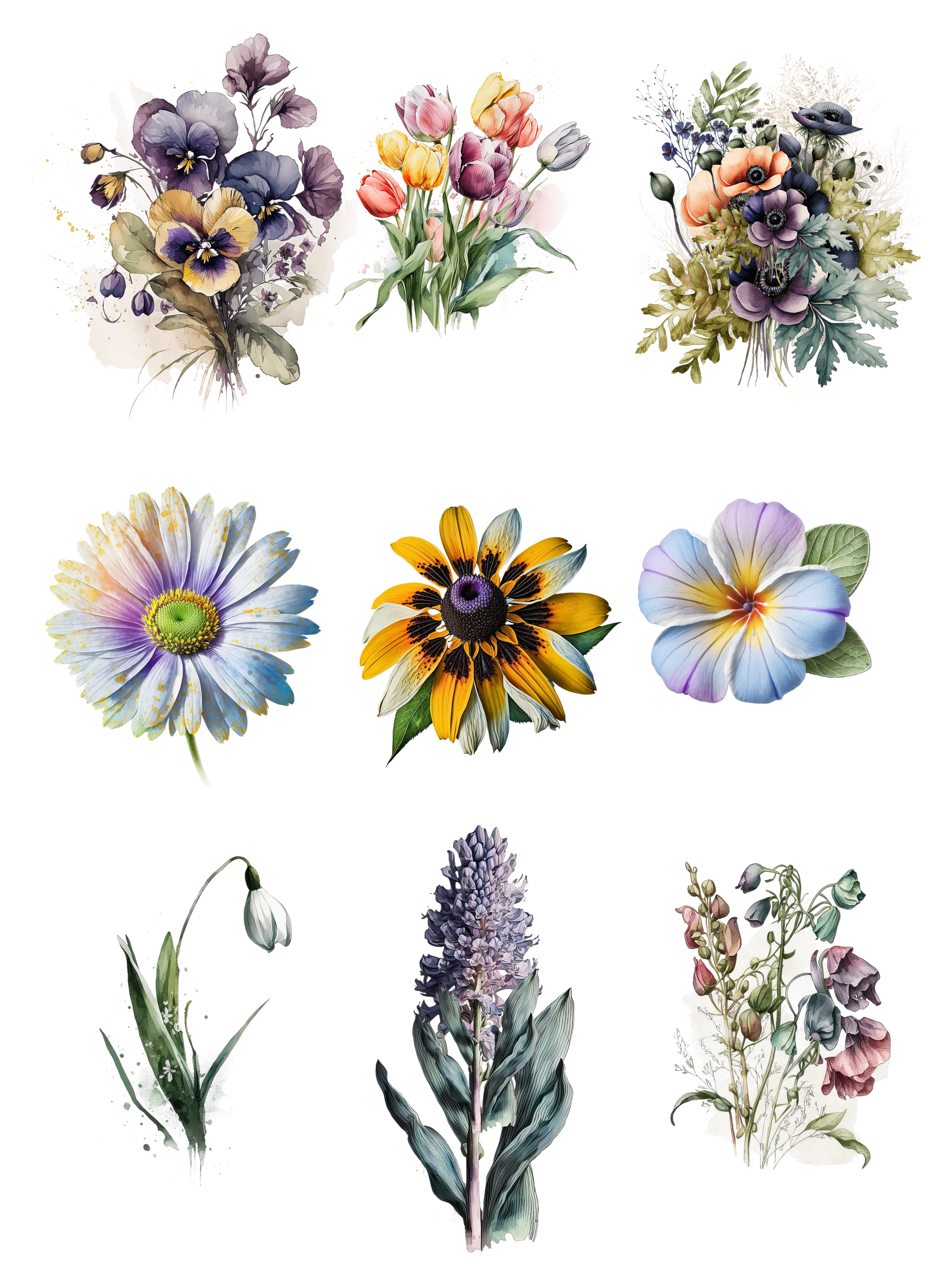 Set of colorful floral tattoos on a white background