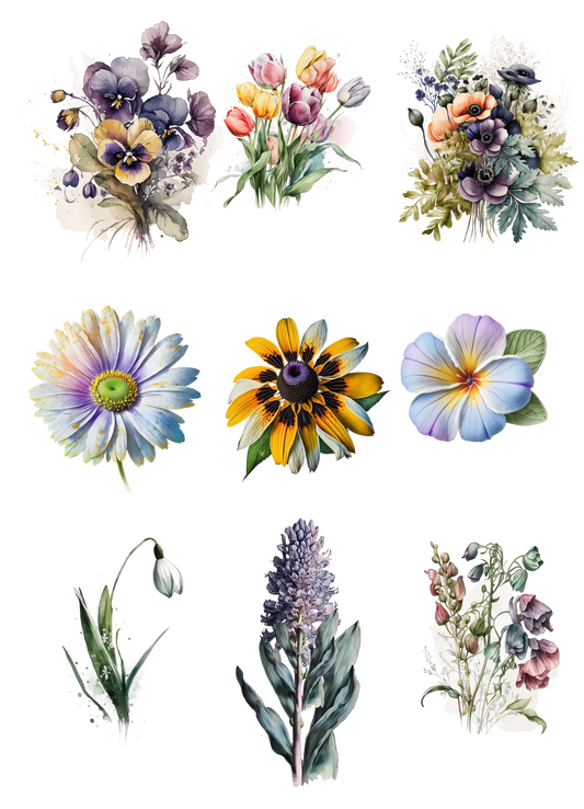 Set of colorful floral tattoos on a white background