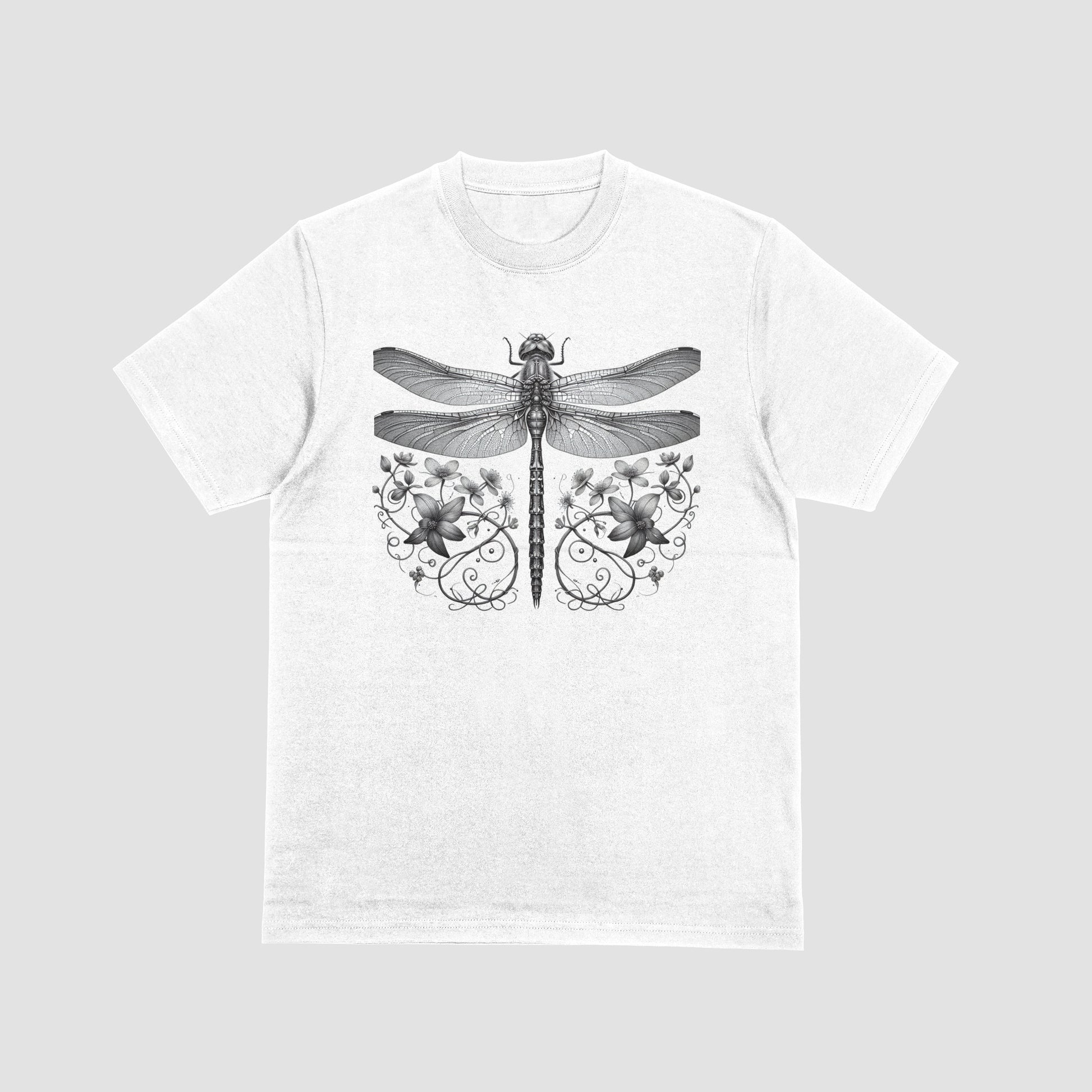 White t-shirt with a black dragonfly and floral design