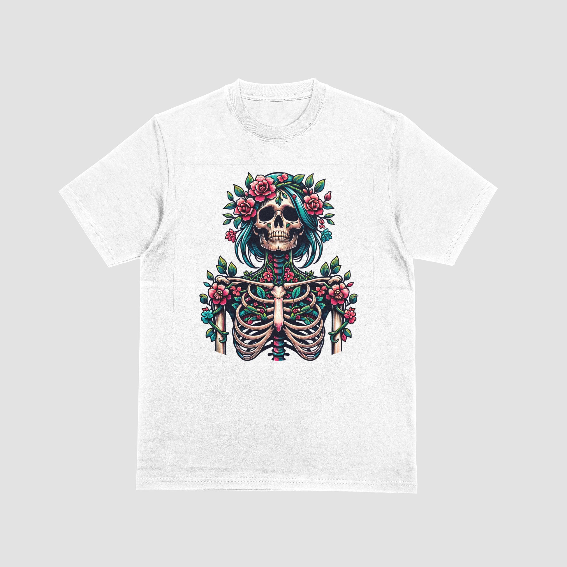 White t-shirt with a skeletal design with teal hair, flowers, and green leaves on a white background 