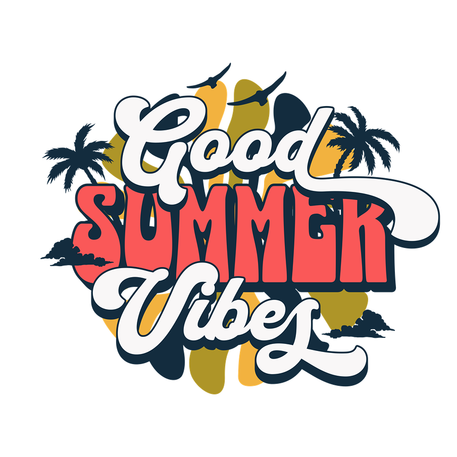 Colorful 'Good Summer Vibes' text with palm trees on a white background