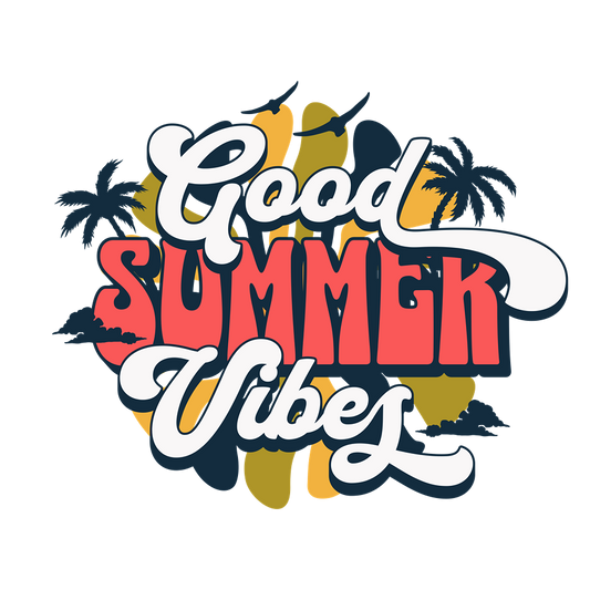 Colorful 'Good Summer Vibes' text with palm trees on a white background