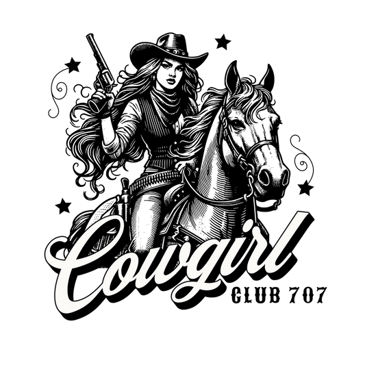 Black and white illustration of a cowgirl on a horse with 'Cowgirl Club 707' text.