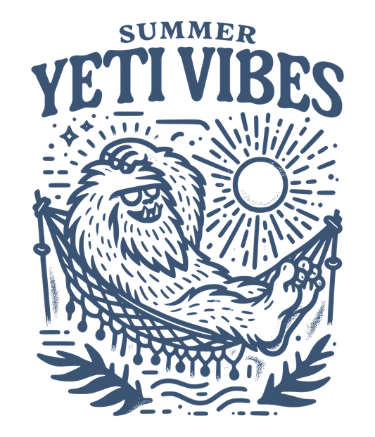 Illustration of a Yeti in a hammock with 'Summer Yeti Vibes' text.