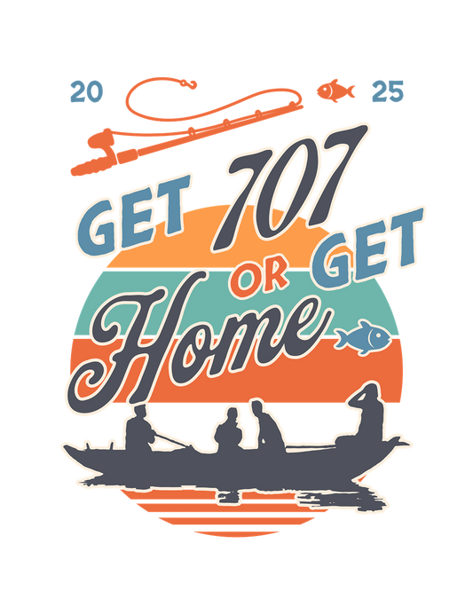 Motivational graphic with 'Get 707 or Get Home' text and silhouette of people in a boat.