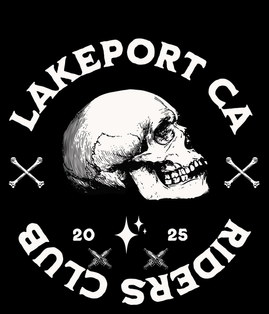 Logo of Lakeport CA Riders Club with a skull and crossbones design on a black background