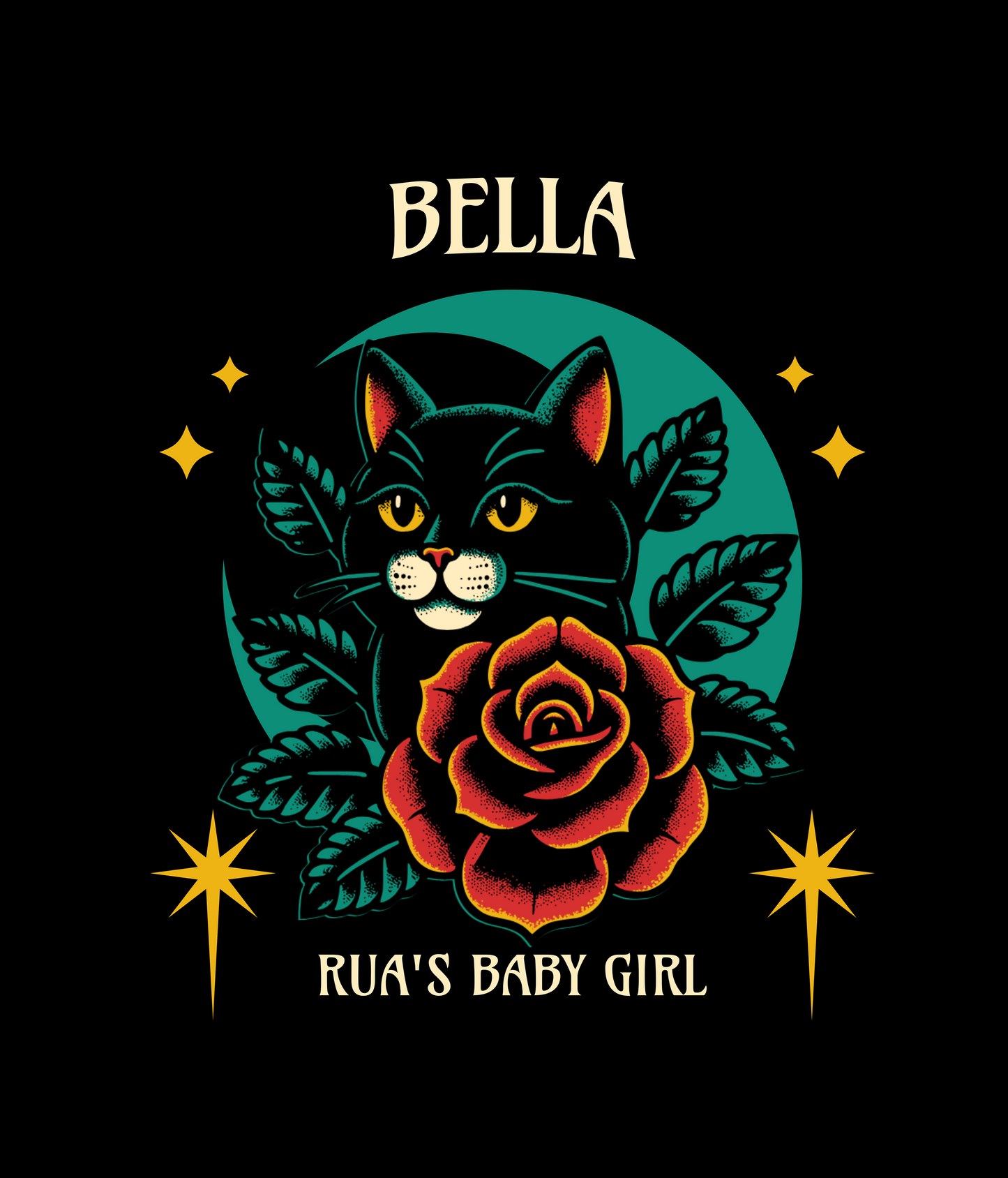 Black cat with a red rose and 'Bella'  and Rua's Baby Girl text on a black background