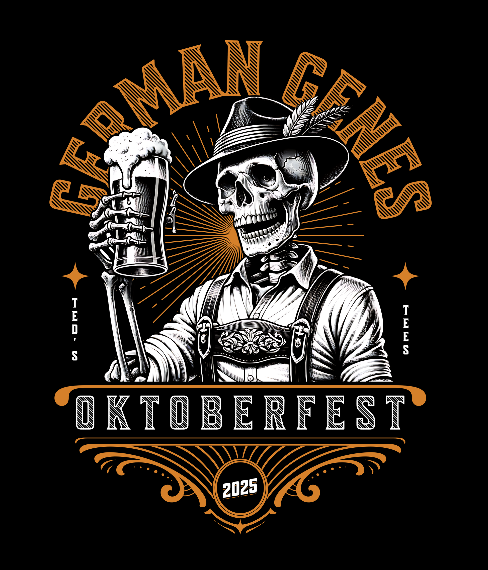 Skull in a hat and overalls holding a beer mug with 'German Genes' and 'Oktoberfest 2025' text on a black background.