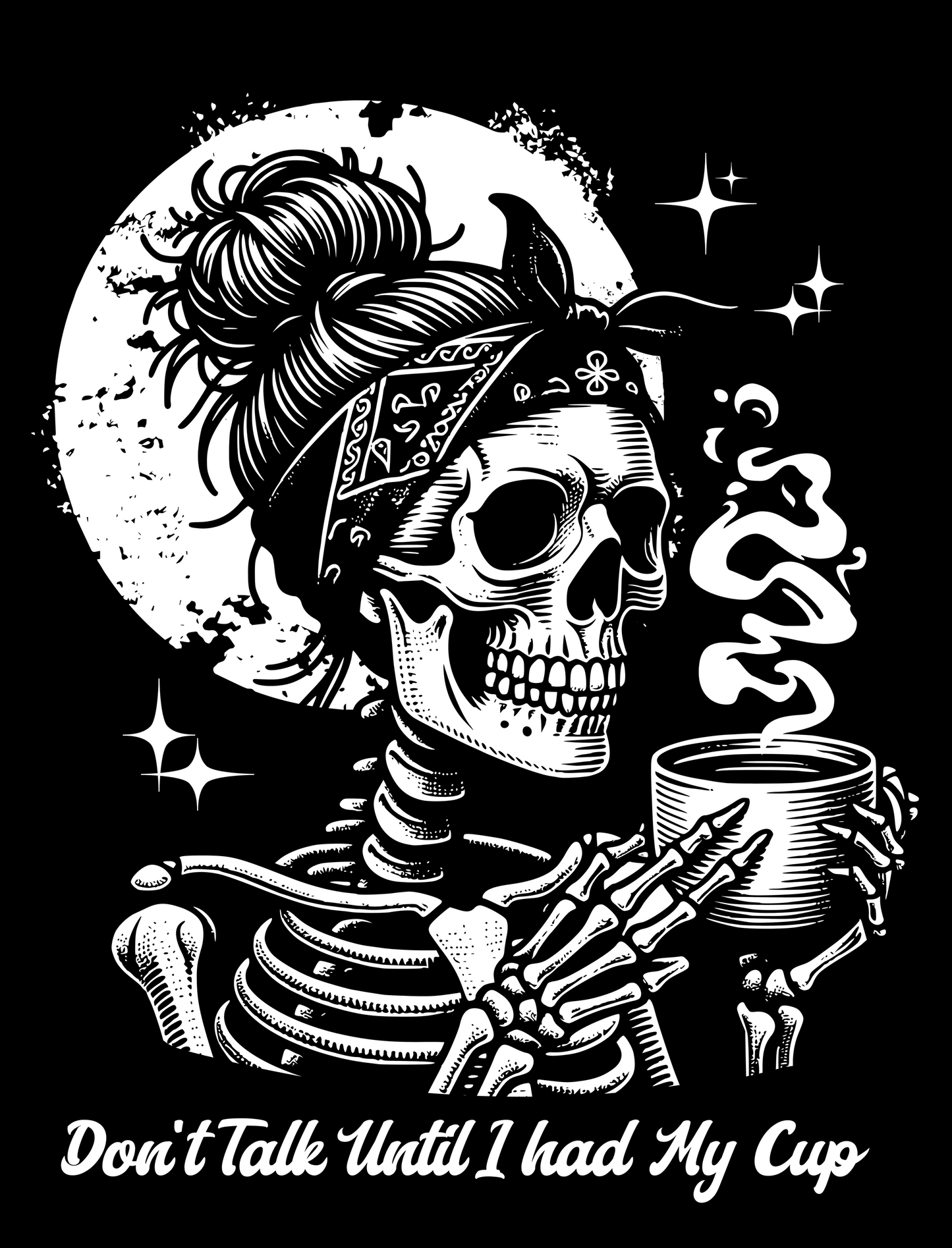 Skeletal figure with bandana and skeleton hand holding a smoking cup, against a black background with moon and stars.