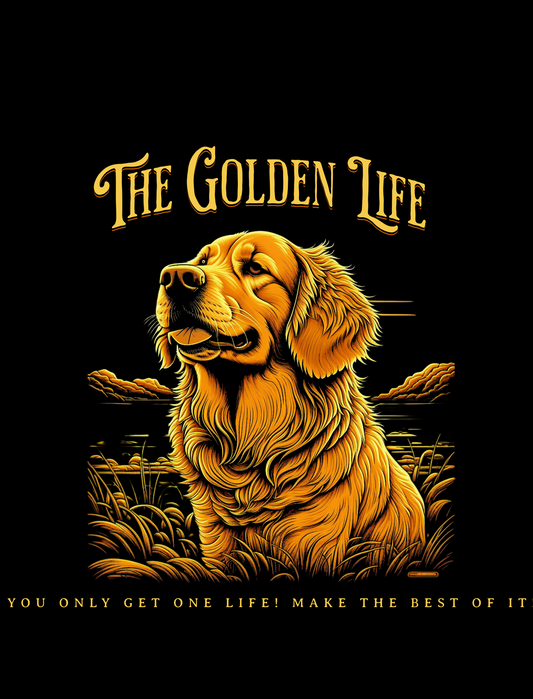 Illustration of a golden retriever with 'The Golden Life' text on a black background.
