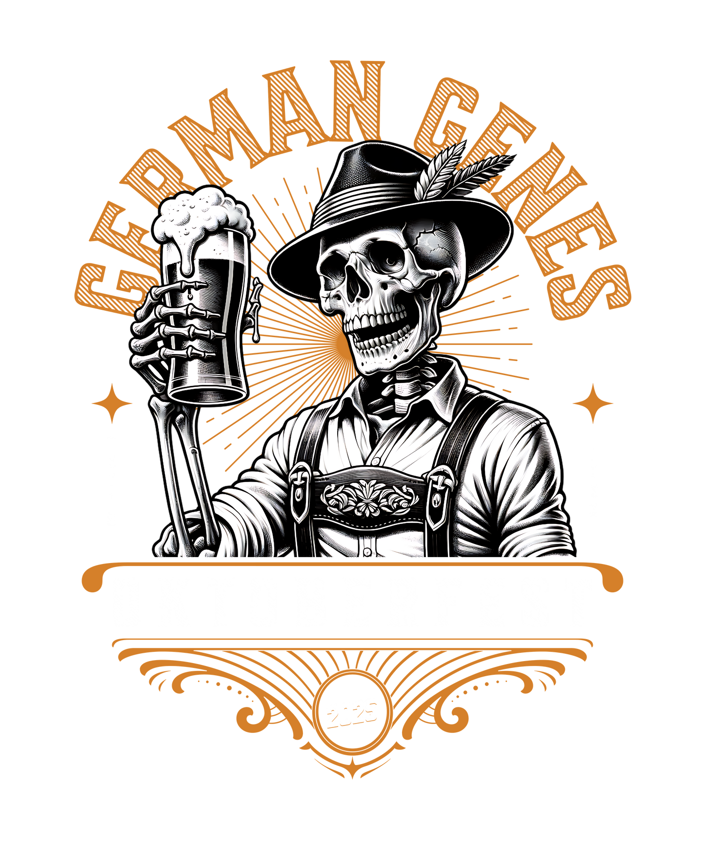 Skull wearing a hat and lederhosen and holding a beer mug with 'German Genes' text.