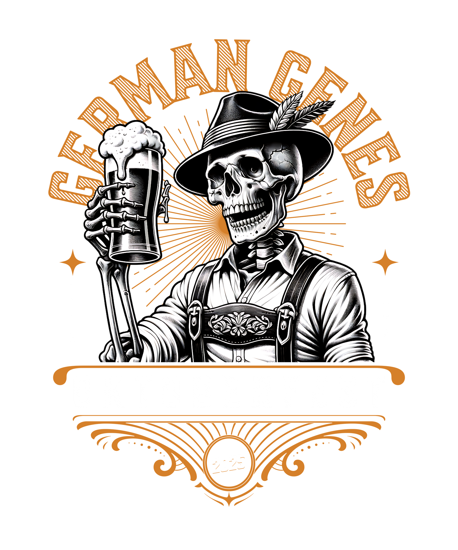 Skull wearing a hat and lederhosen and holding a beer mug with 'German Genes' text.