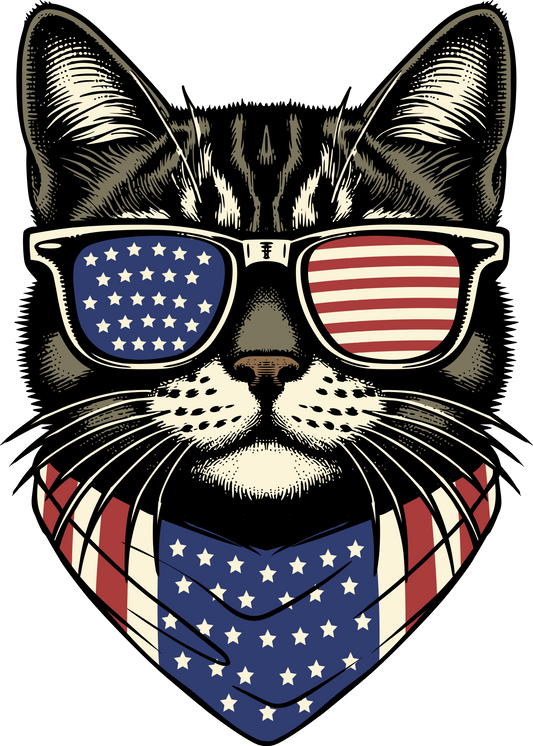 Cat wearing American flag sunglasses and bandana on a white background
