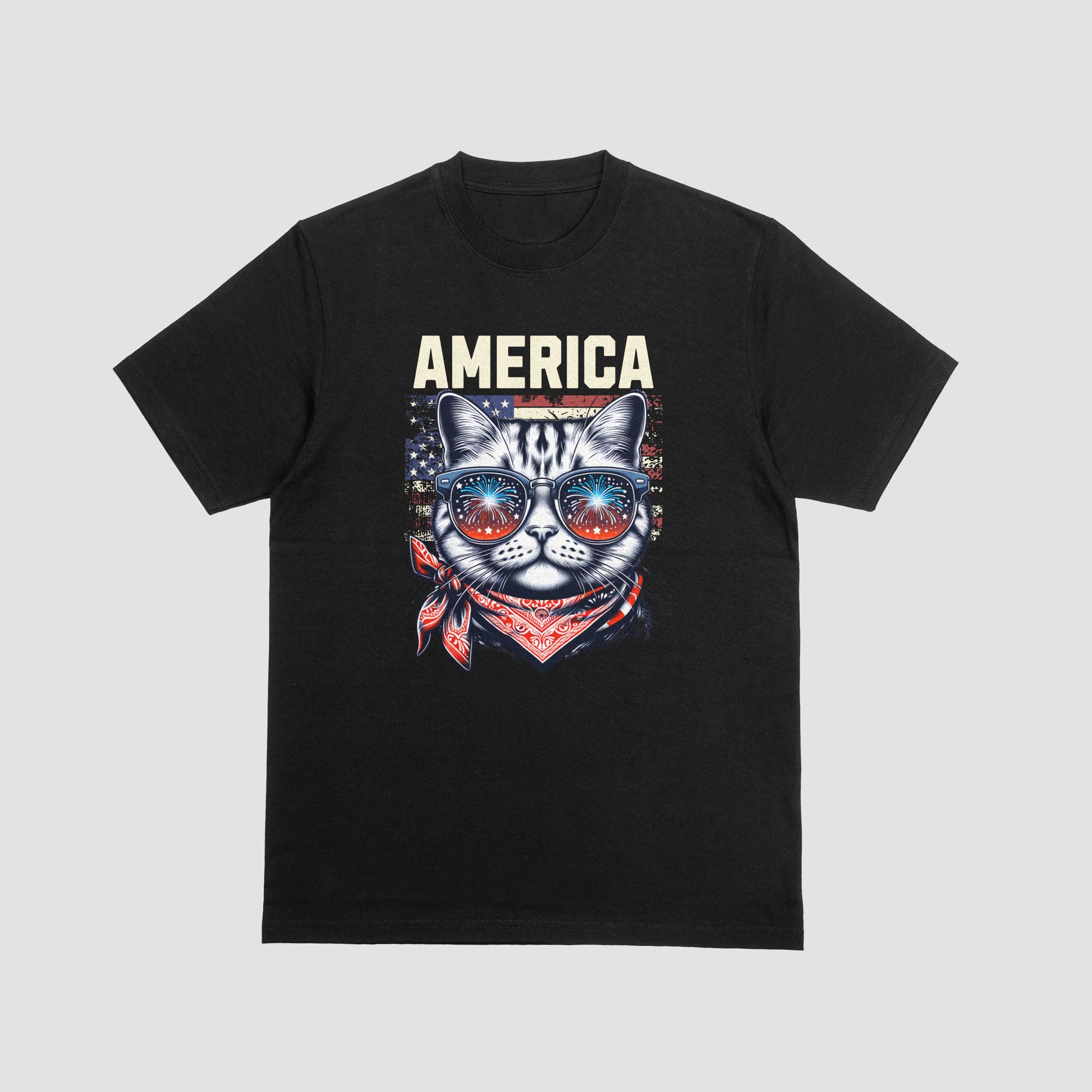 Black t-shirt with a graphic of a cat wearing sunglasses and an American flag bandana, with 'AMERICA' text above.