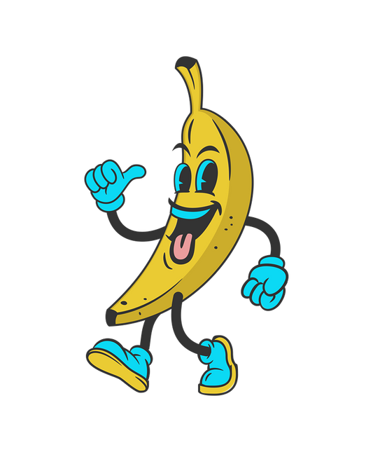 Cartoon banana character with arms and legs, wearing blue shoes and gloves, on a white background