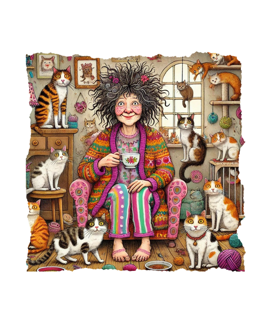 Woman drinking a cup of coffee in a colorful robe surrounded by cats in a cozy room.