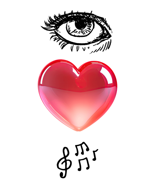 Eye Red heart, and musical notes on a white background. symbolic way of say I love Music