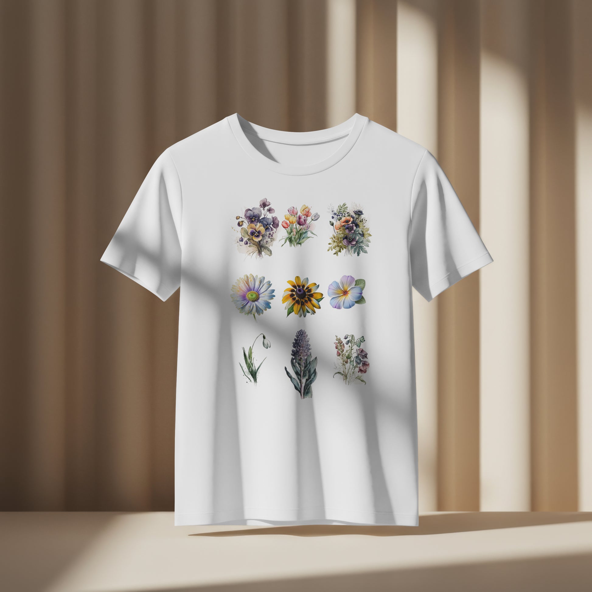 White t-shirt with a set of colorful floral tattoos on a white background on a beige background