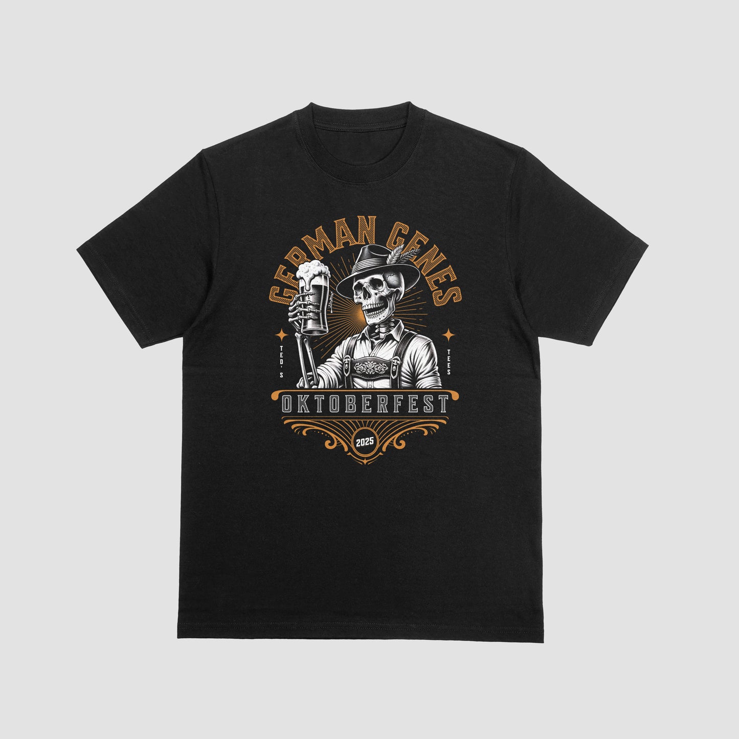 Black t-shirt with Skull in a hat and overalls holding a beer mug with 'German Genes' and 'Oktoberfest 2025' text on a black background.. The shirt is against a gray background. 