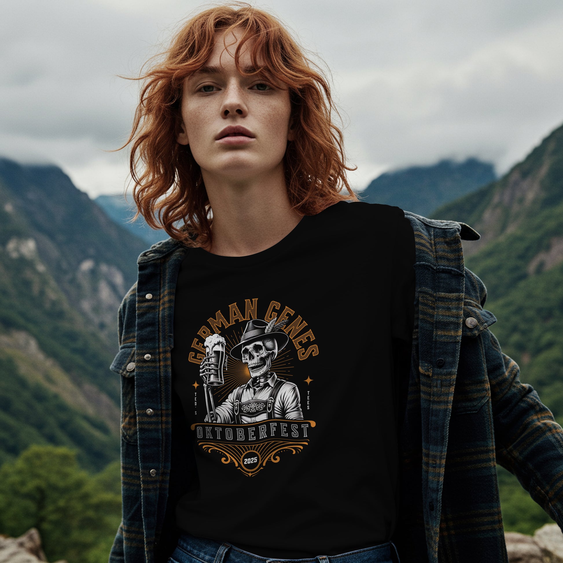 Person wearing a black t-shirt with a skull in a hat and overalls holding a beer mug with 'German Genes' and 'Oktoberfest 2025' text on a black background. The model is in a mountainous landscape