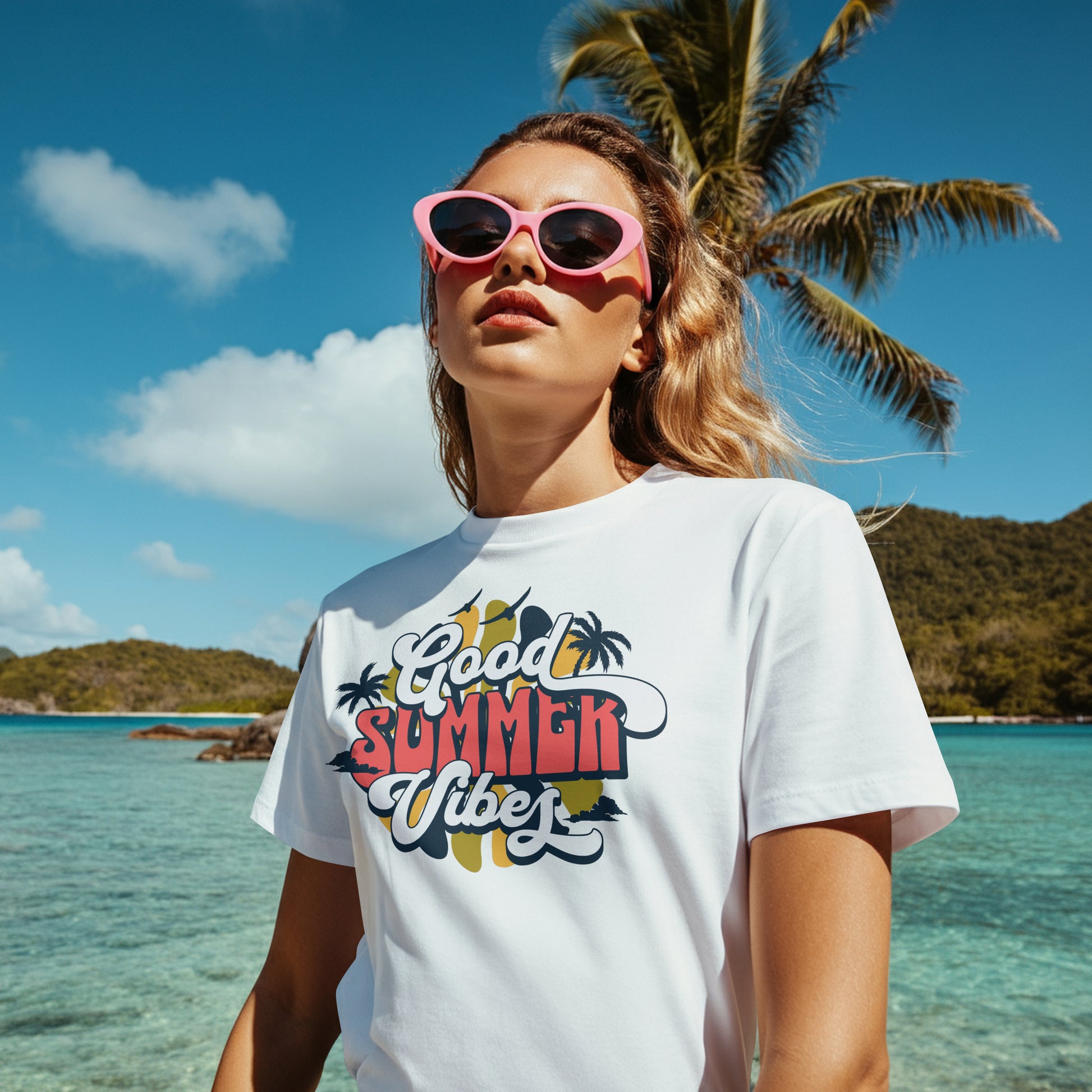 Woman wearing a 'Good Summer Vibes' t-shirt with sunglasses on a beach.