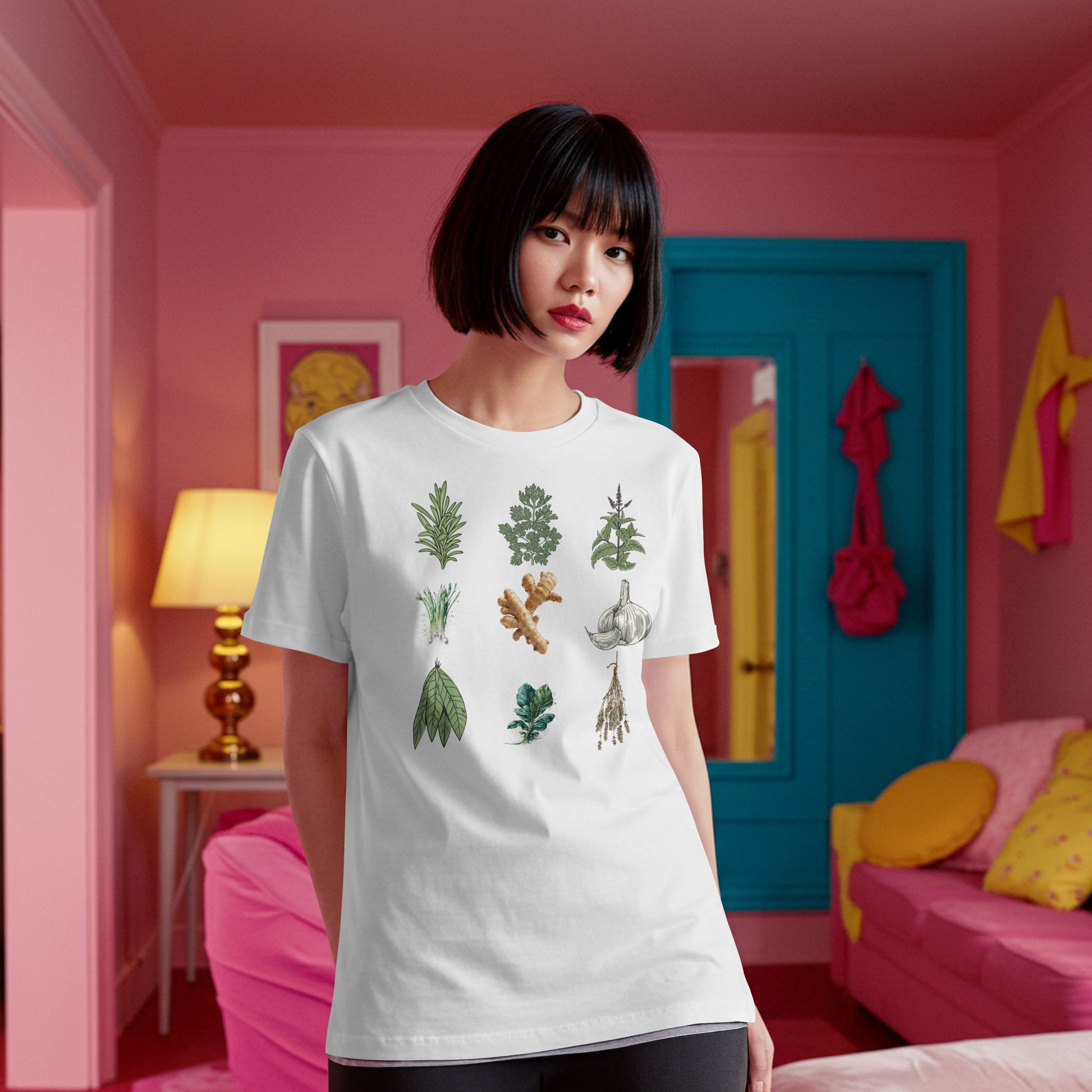 Woman wearing a white t-shirt with Illustrations of various herbs and spices on a white background in a colorful room.
