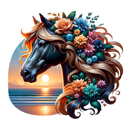 Horse head with floral decorations against a sunset beach background