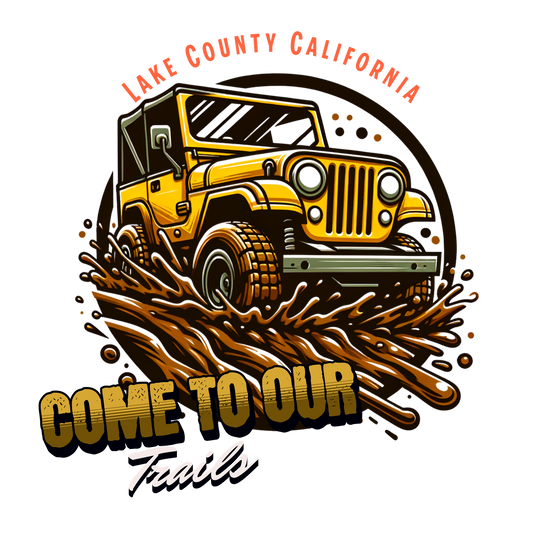 Yellow jeep graphic with water splashes and text 'Lake County California Come to our Trails' on a white background