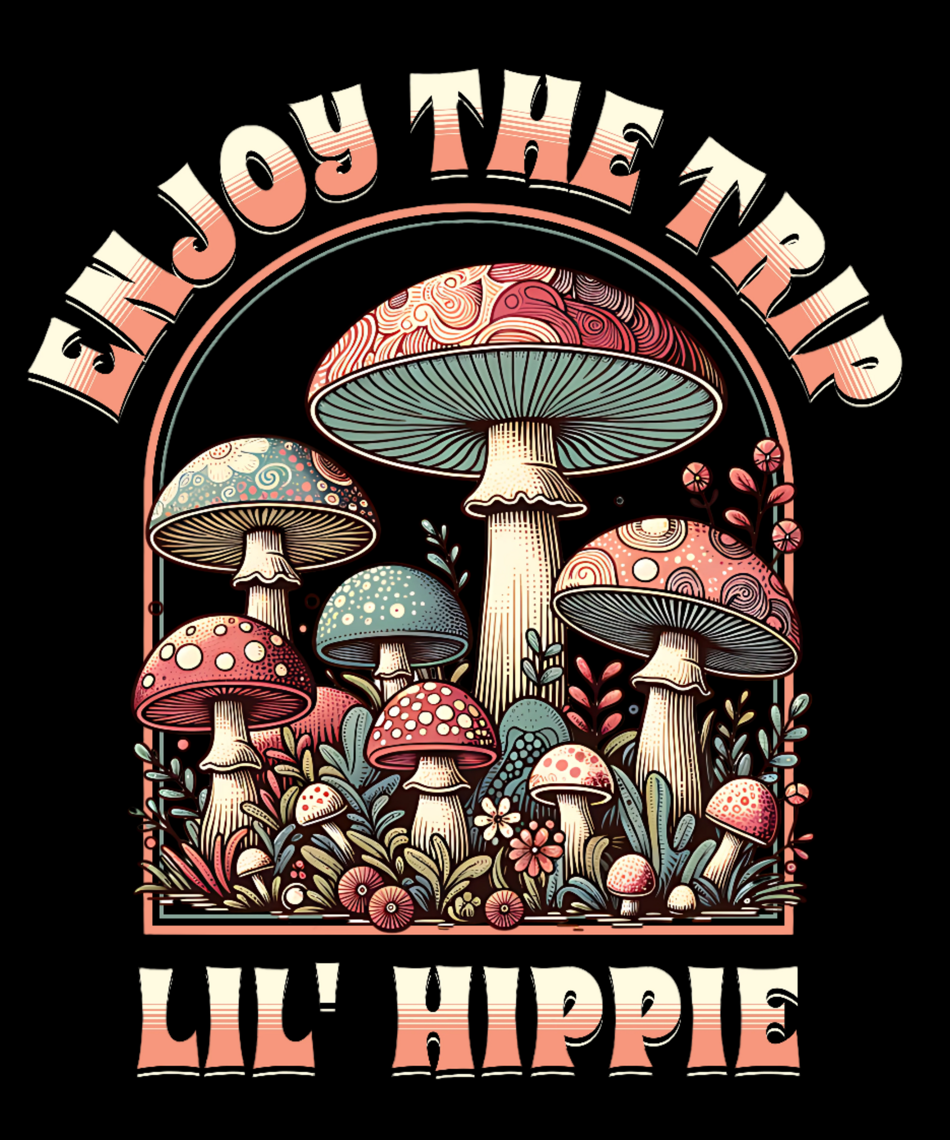 Colorful illustration of mushrooms with 'Enjoy the Trip, Live Hippie' text on a white background