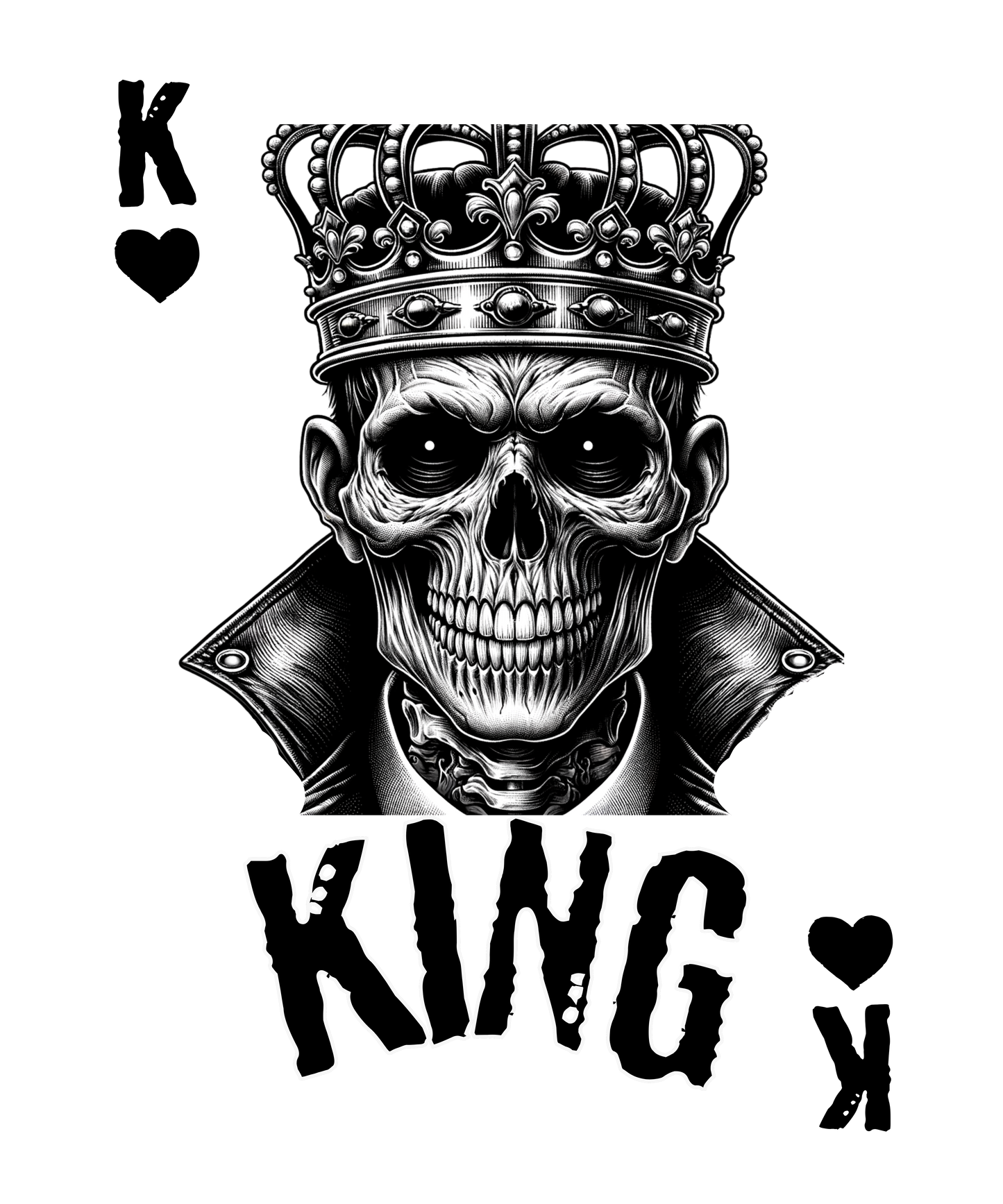 Skull wearing a crown with 'KING' text and playing card symbols on a white background