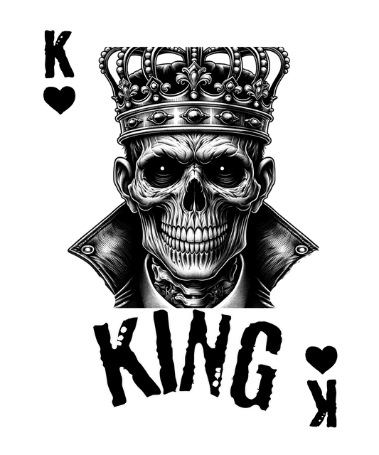 Skull wearing a crown with 'KING' text and playing card symbols on a white background