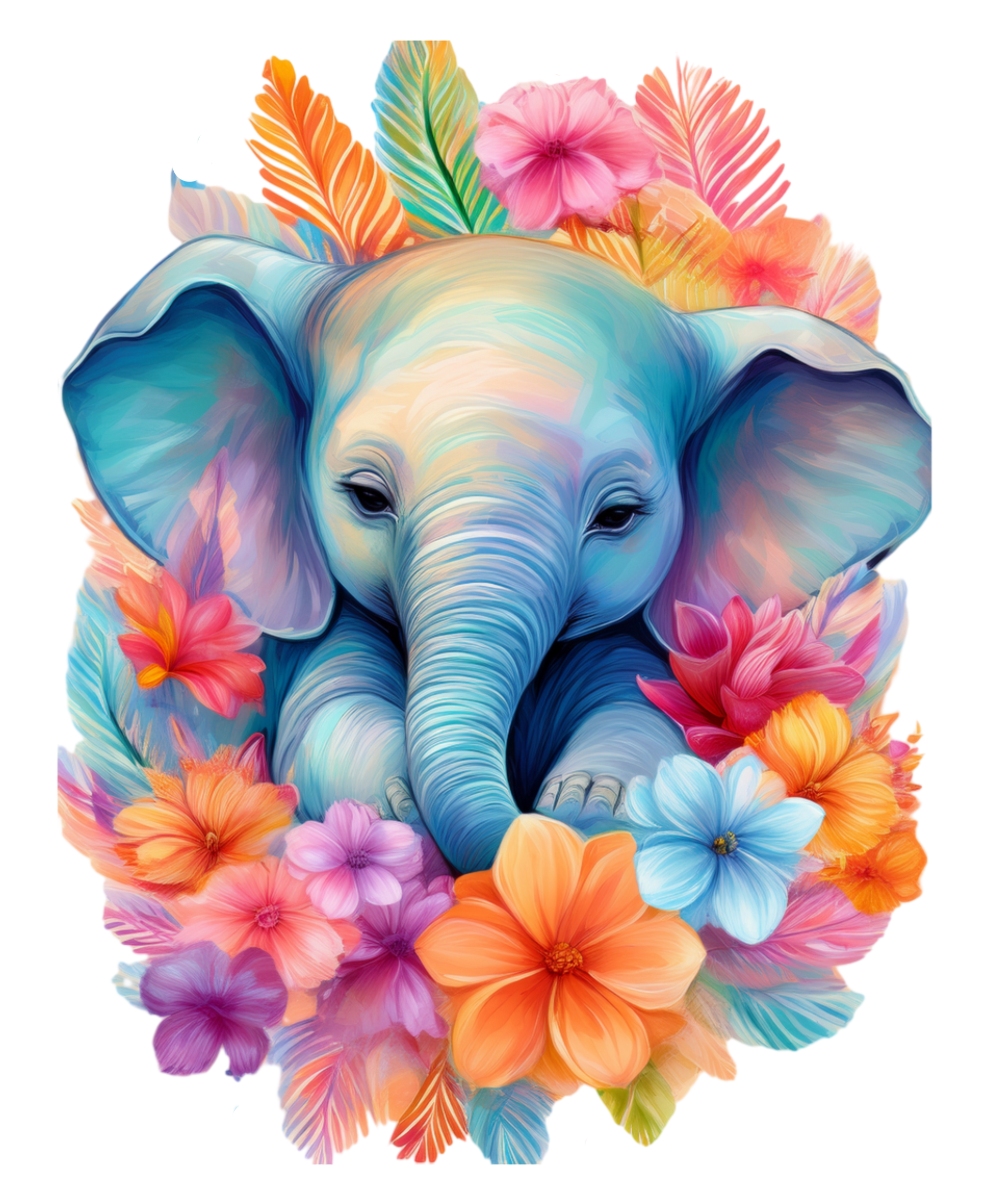 Colorful elephant surrounded by flowers on a white background