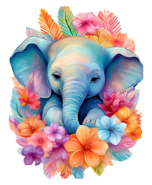 Colorful elephant surrounded by flowers on a white background
