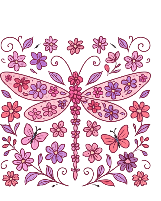 Decorative design with pink dragonfly and flowers on a white background