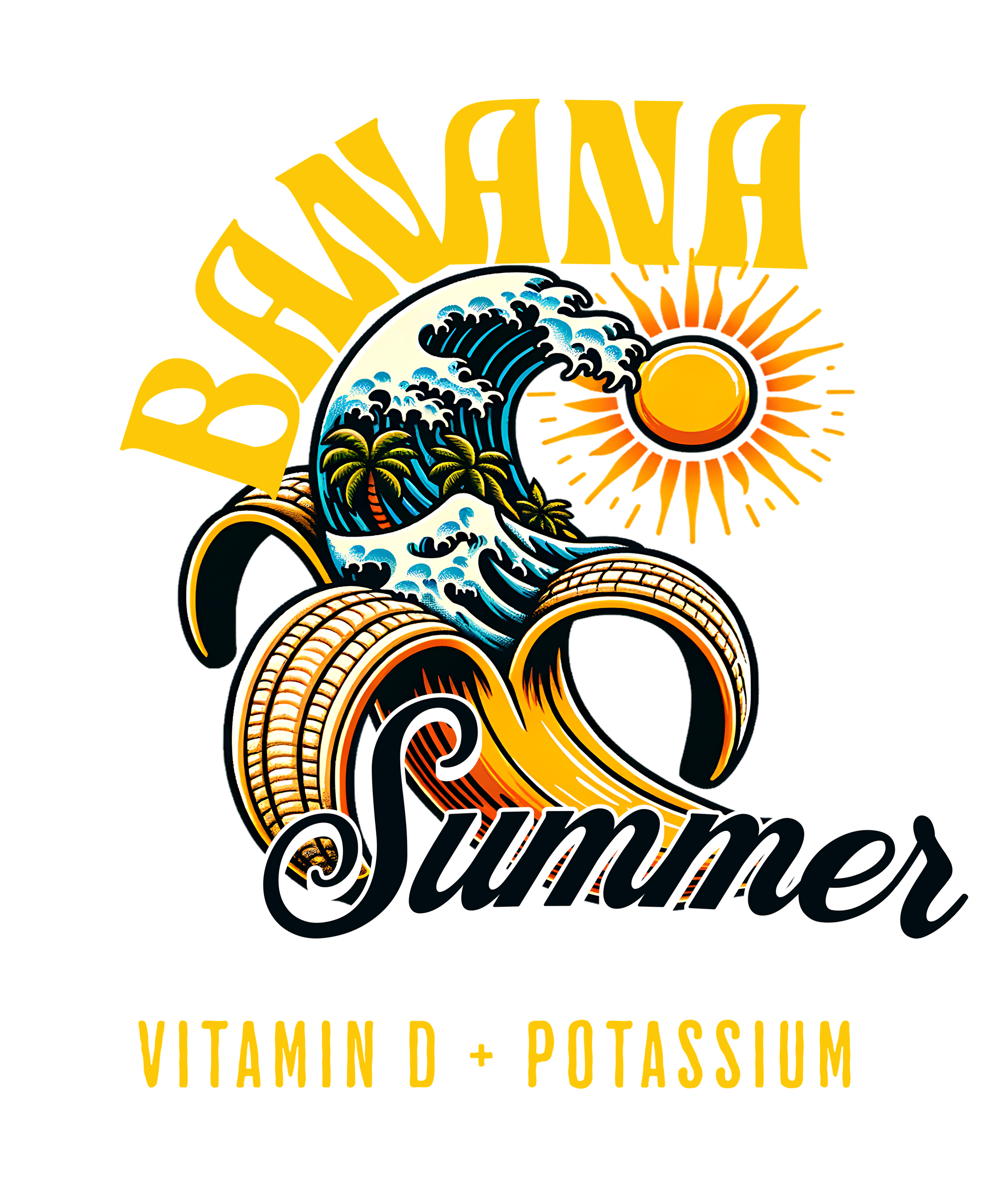 Design with 'Banana Summer' text, wave, sun, and banana shapes on a white background