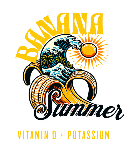 Design with 'Banana Summer' text, wave, sun, and banana shapes on a white background