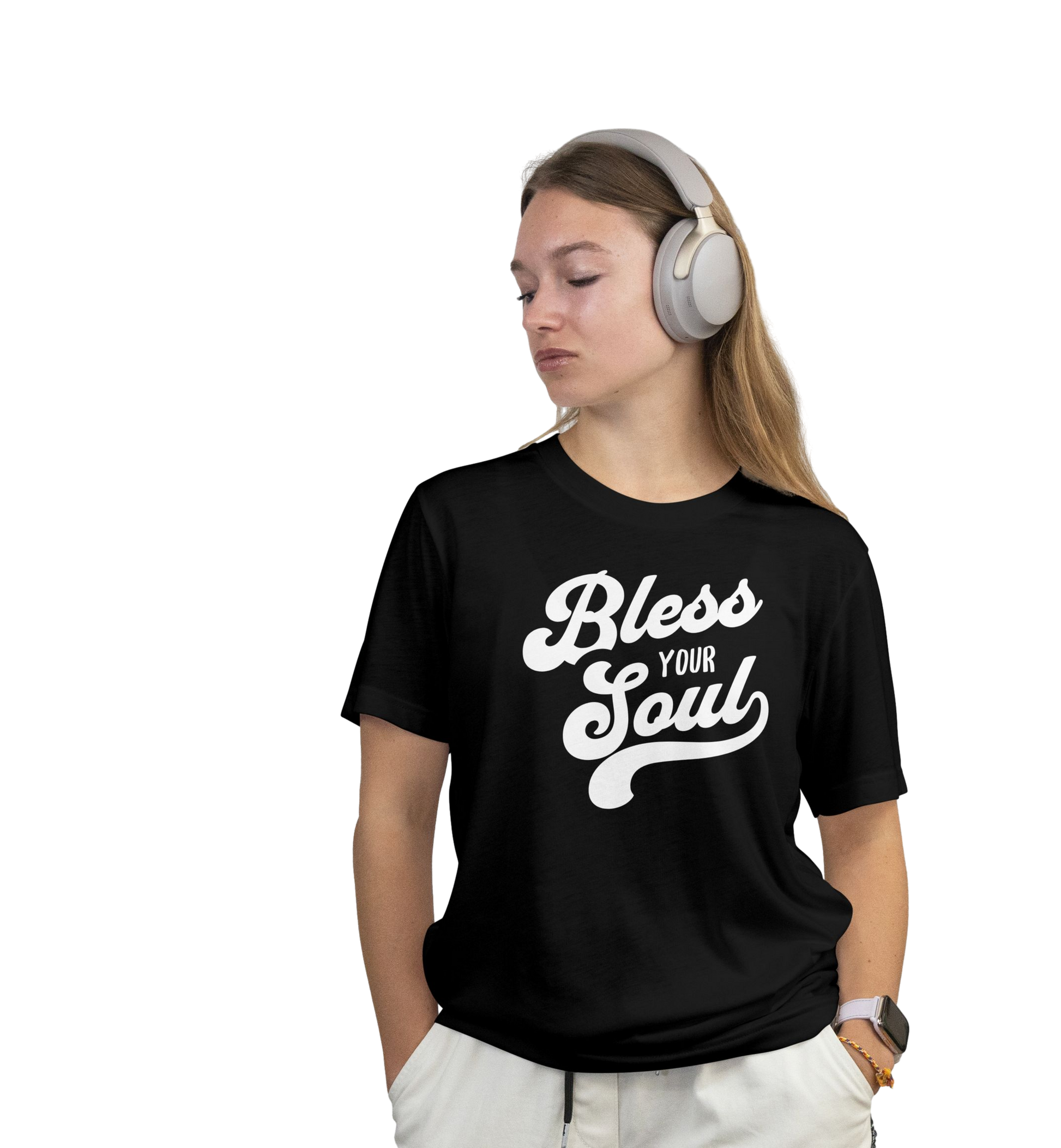 Person wearing a black t-shirt with 'Bless Your Soul' text and headphones on a white background