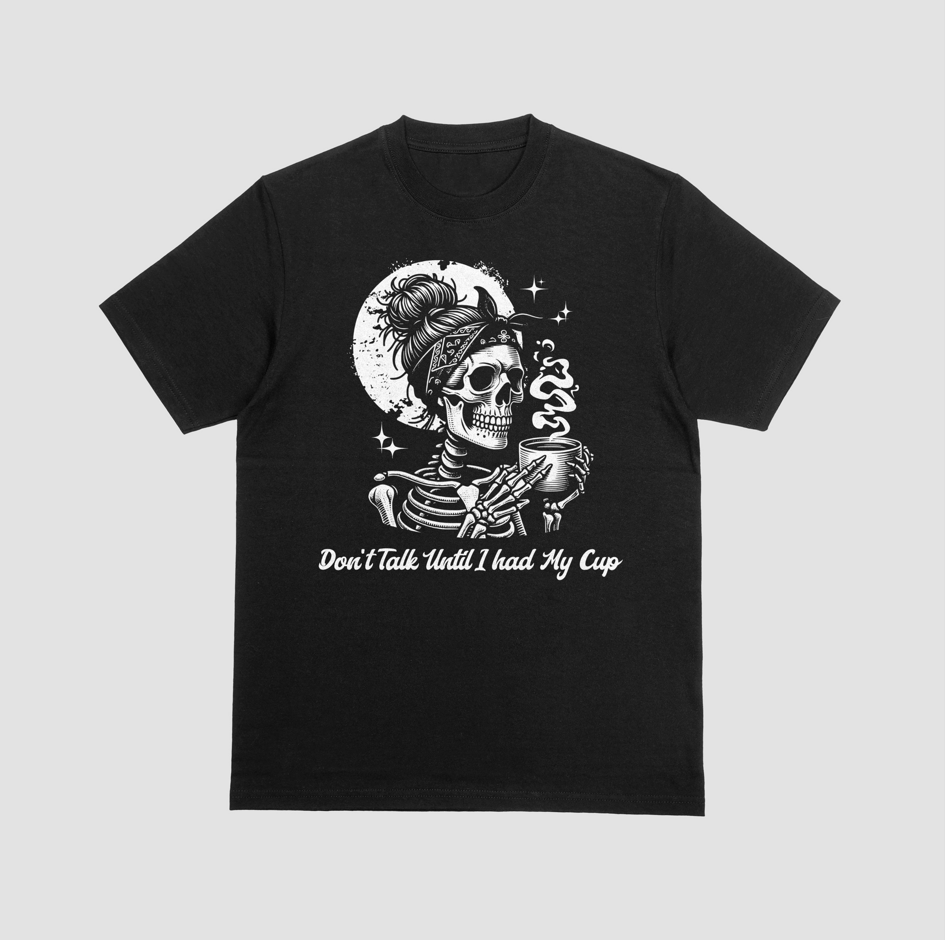 Black t-shirt with a Skeletal figure with bandana and skeleton hand holding a smoking cup, against a black background with moon and stars. on a gray background
