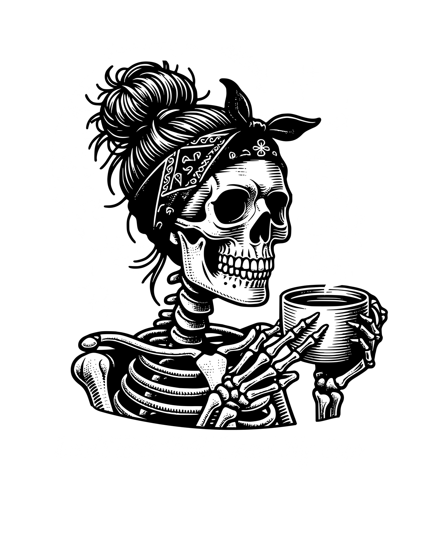 Skeletal woman with bandana drinking from a cup on a white background