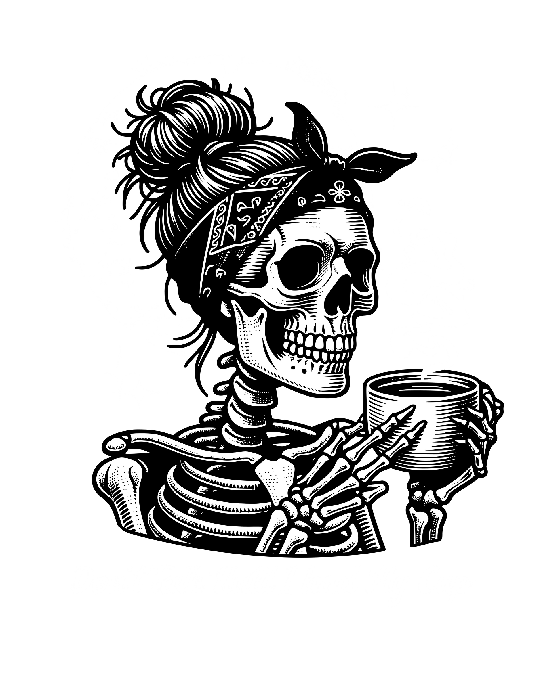 Skeletal woman with bandana drinking from a cup on a white background