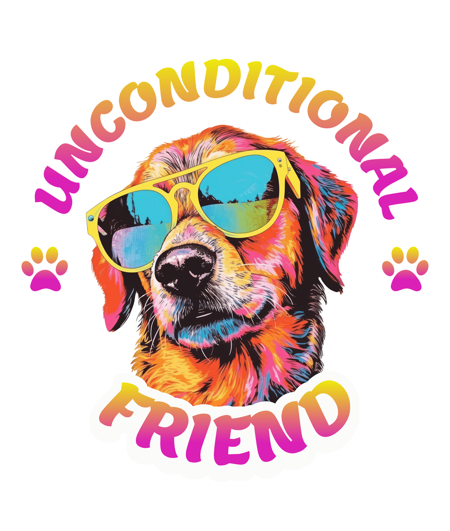 Colorful dog wearing sunglasses with 'Unconditional Friend' text on a white background