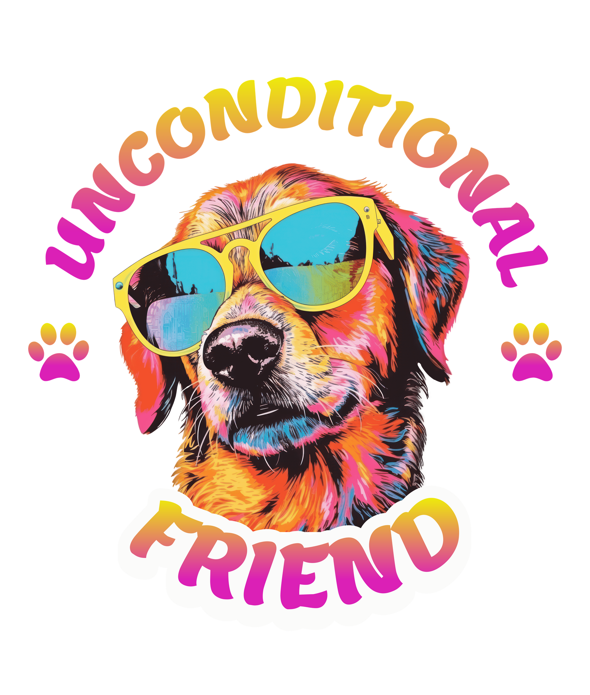 Colorful dog wearing sunglasses with 'Unconditional Friend' text on a white background