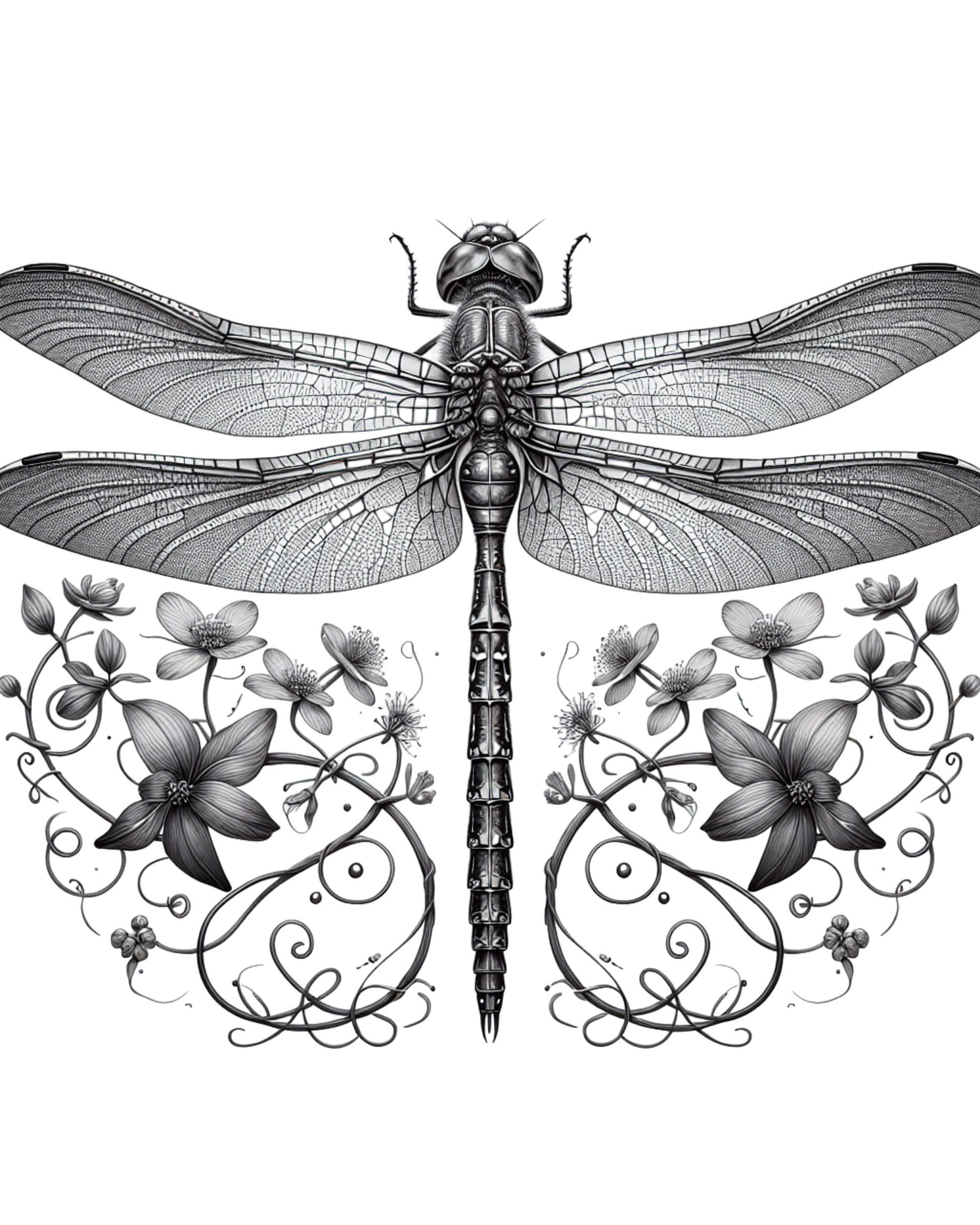 Black and white illustration of a dragonfly with floral elements on a white background
