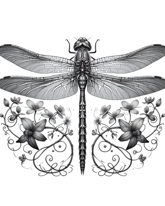 Black and white illustration of a dragonfly with floral elements on a white background