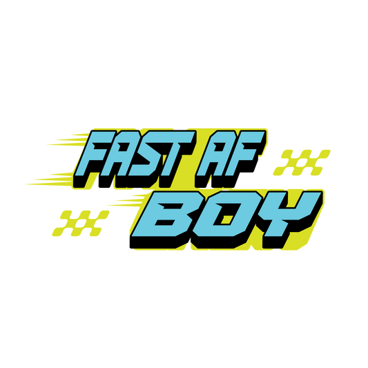 Text 'FAST AF BOY' with a checkered design on a white background