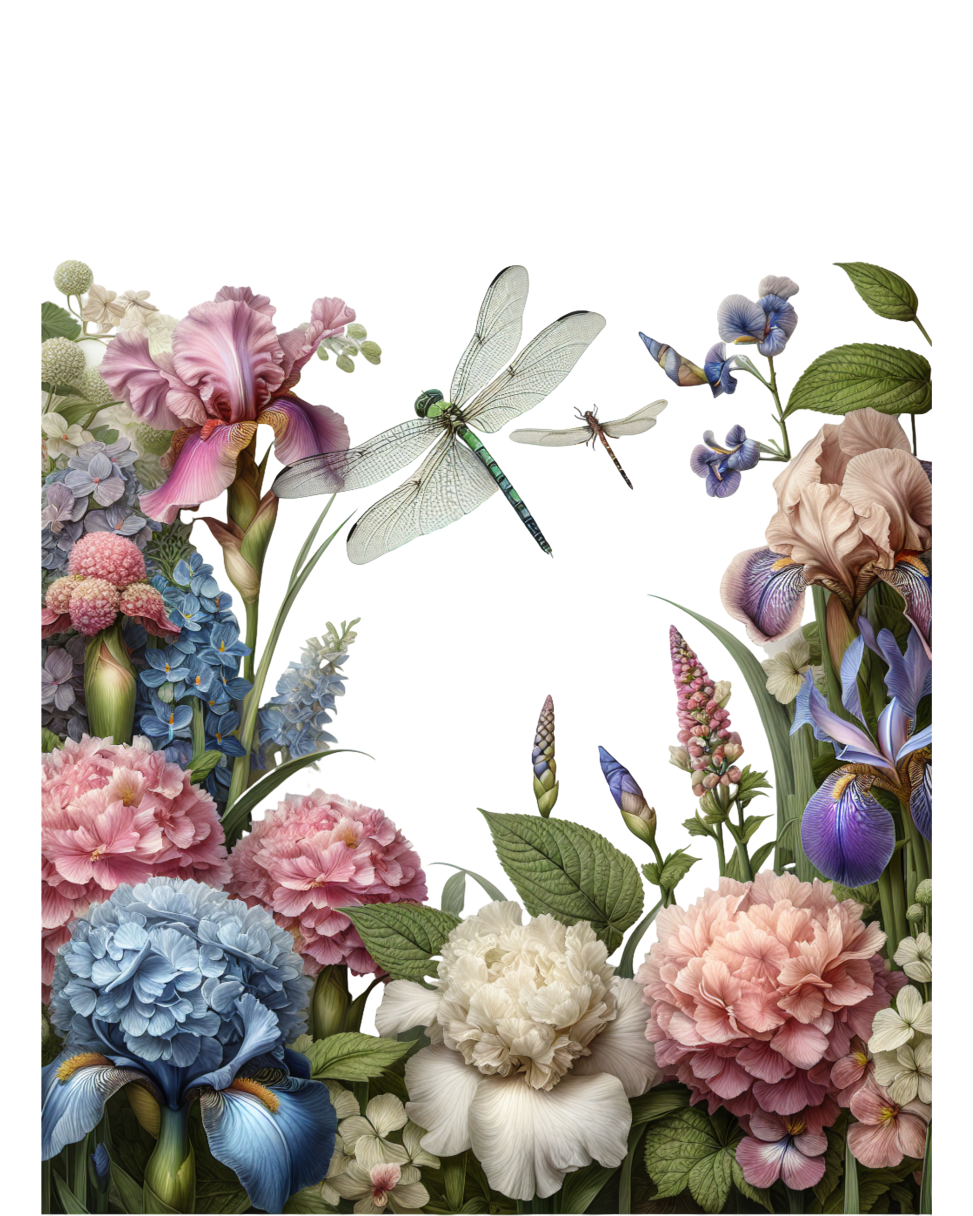 Illustration of flowers and dragonflies on a white background