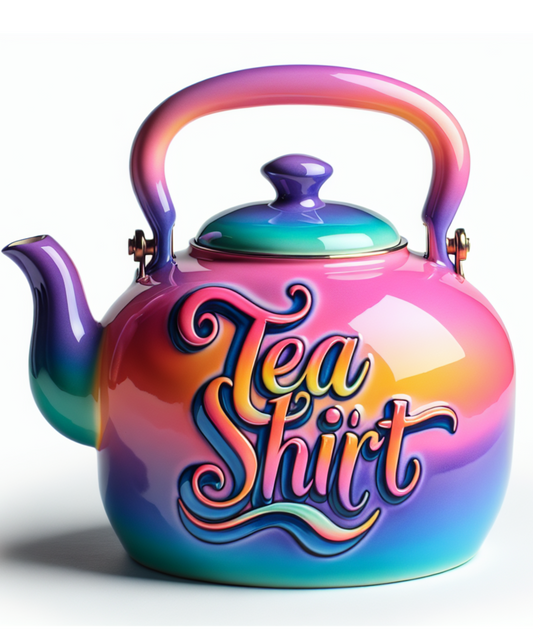 Colorful teapot with 'Tea Shirt' text on a white background