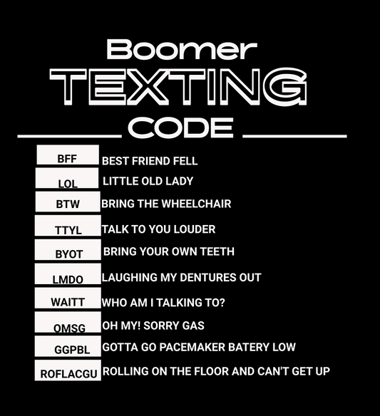 Boomer texting code list on a black background The list consists of abbreviations and there means.  An example would be BTW Bring the wheelchair or WATT who am I talking to? There are a total of ten abbreviations with there means
