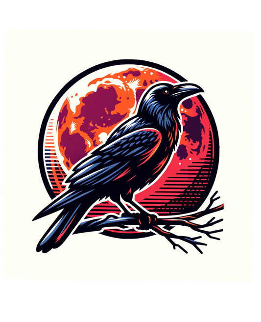 Black crow perched on a branch with an orange and red moon in the background