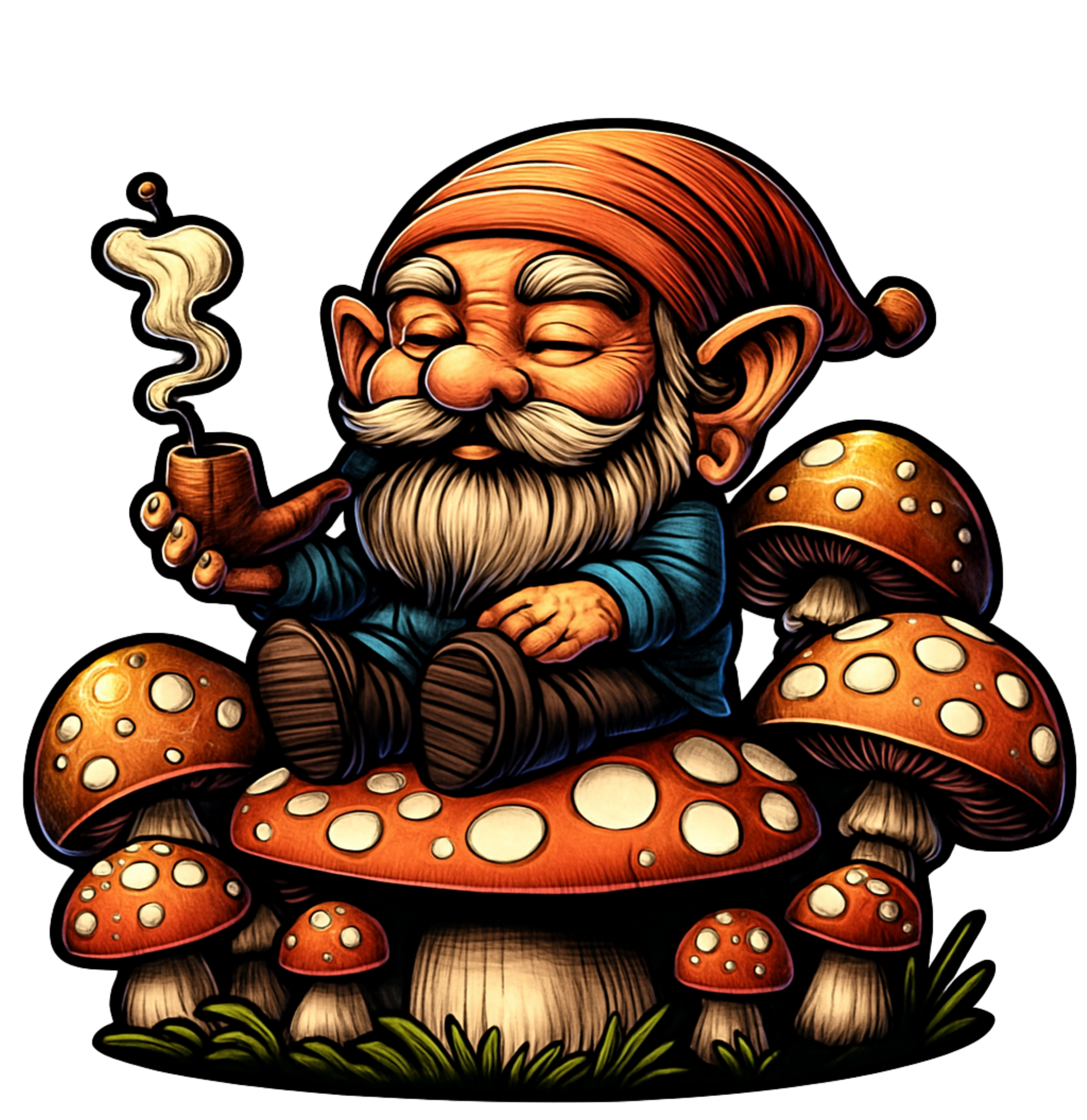 Cartoon gnome sitting on mushrooms with a smoking pipe on a white background